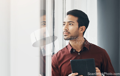 Image of Tablet, window and Indian man thinking, concentration and planning digital business project idea. Startup, development and assessment online for new property design, architect brainstorming in office