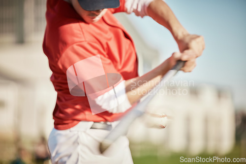 Image of Man, bat or hitting baseball in motion blur, game or match in stadium, park or games arena for fitness, workout or competition. Athlete, softball or player in batting with equipment on sports field