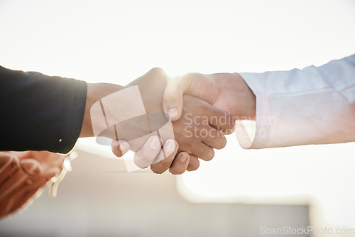 Image of Baseball, sports respect or handshake for team greeting or introduction on stadium field together. Zoom of men shaking hands in softball match or game in competition, training or workout exercise