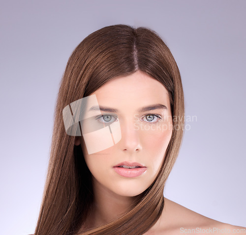 Image of Beauty, face portrait and studio woman with natural makeup, luxury facial cosmetics and skincare glow. Dermatology wellness, spa salon and aesthetic model girl isolated on pastel purple background