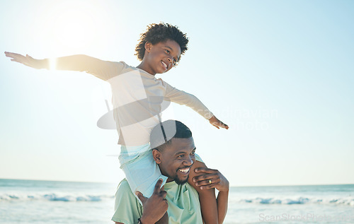 Image of Happy father, excited child and beach fun with boy on dad shoulders with parent care or bonding. Outdoor, sea and summer holiday of black family on vacation with happiness and playing with sky mockup