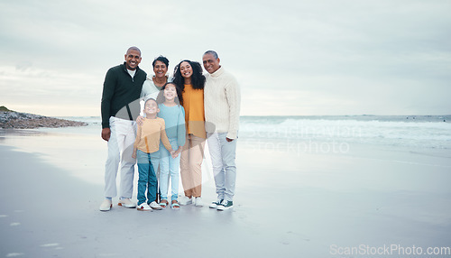 Image of Portrait of grandparents, parents and children on beach enjoying holiday, travel vacation and weekend together. Big family, love and happy group smile for bonding, quality time and relax by ocean