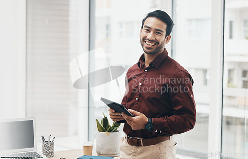 Image of Asian business man, tablet and portrait with smile for schedule, planning or data analysis on web app. Young businessman, leader or happiness on mobile touchscreen for agenda, goals or digital notes