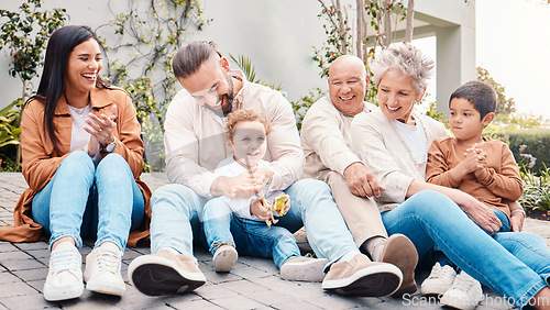 Image of Family, generations and love, relax on lawn with happy people, grandparents with parents and children outdoor. Happiness, unity and support with care, together at home with bonding and diversity