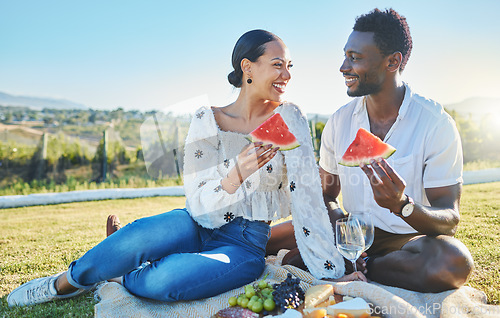 Image of Watermelon, love or black couple on a picnic to relax on a summer holiday vacation in nature or grass. Partnership, romance or happy black woman enjoys traveling or bonding with a funny black man