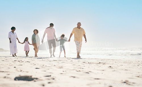 Image of Mockup, love and family on beach, walking and happiness for summer vacation, quality time and relax. Grandparents, mother and father with children on seaside holiday, ocean water waves and traveling