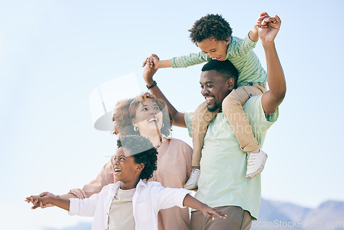 Image of Family, parents and children, travel and vacation at beach, love and care, fun and freedom outdoor. Support, unity and happiness, mother and father with kids and happy people on holiday in Australia