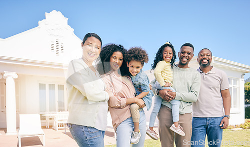 Image of Portrait of generations of black family outside new home, real estate, investment and mortgage with security. Grandparents, parents and children standing together, homeowners with smile and happiness