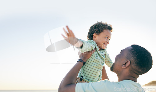 Image of Father, child and beach fun with a black family on holiday by the sea with parent care and love. Ocean, freedom and boy in the air with dad,happiness and trust in nature on vacation with mock up