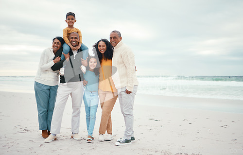 Image of Portrait, mockup and family on beach, holiday and relax together for quality time, smile and break. Love, grandparents, children and mother with father, vacation and happiness for seaside journey