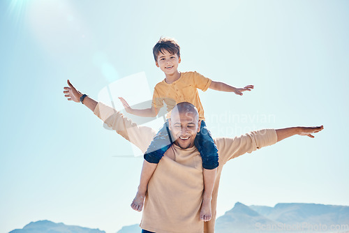 Image of Family, beach and father with boy on shoulder by ocean for bonding, quality time and relaxing on weekend. Travel, smile and happy dad holding child on summer holiday, vacation and adventure together