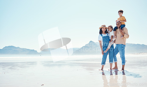 Image of Portrait of mother, father and children at beach for bonding, quality time and relaxing on weekend. Travel mockup, family and happy parents smile with kids on summer holiday, vacation and adventure