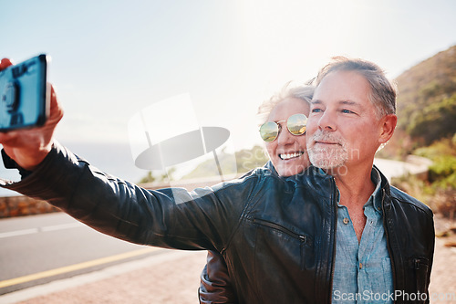 Image of Senior biker couple, road trip selfie and smile with sunglasses, love and romance on vacation in nature. Elderly lady, happy and travel with old man, profile picture and smile for social network app