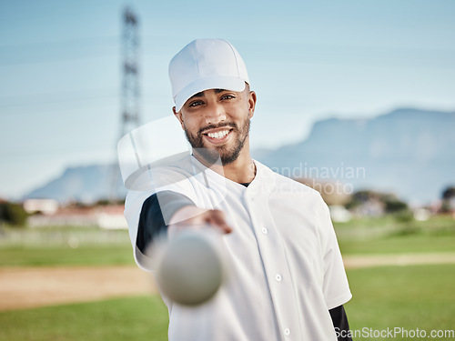 Image of Man, bat or baseball player portrait on field, sports grass or arena grounds for game, match or competition workout. Smile, happy or softball athlete in fitness, pitcher exercise or training stadium