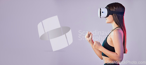 Image of Vr, fitness metaverse and woman in studio isolated on a purple background mockup. 3d gamer, virtual reality and female athlete with futuristic headset for gaming, fighting and fantasy simulation.