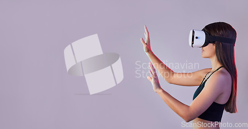 Image of Virtual reality, fitness metaverse and woman in studio isolated on a purple background mockup. 3d gamer, vr and female athlete with futuristic headset for gaming, exploration and fantasy simulation.