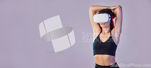 Image of Vr, fitness and woman stretching arm in metaverse studio isolated on purple background mockup. 3d exercise, virtual reality or female warm up, workout or training with futuristic tech for esports.