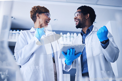 Image of Tablet, scientist or success teamwork in lab for DNA research, innovation or medicine. Happy doctors, celebration or medical black people for science collaboration, healthcare study and winning goal