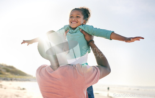 Image of Black man, girl and airplane game at ocean on playful family holiday in Australia with freedom and energy. Travel, fun and happy father and child with smile playing and bonding together on vacation.