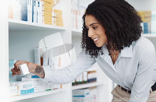 Image of Pharmacy, product and shelf with woman in store for healthcare, drugs dispensary and treatment prescription. Medical, pills and shopping with pharmacist for check, label information or medicine