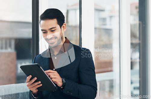 Image of Office tablet, typing and man happy for positive financial savings, finance budget report or administration feedback. Growth analytics, data analysis review and person smile for research statistics