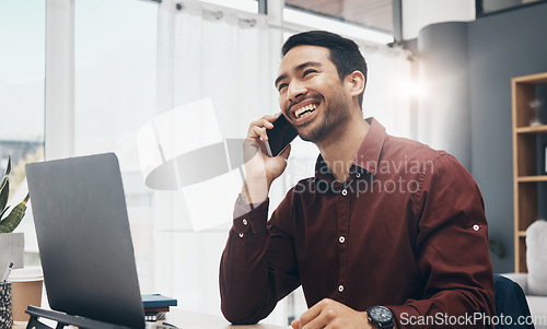 Image of Phone call communication, agent and laughing man listening to funny joke from digital business contact. Comedy humor, chat and happy person, consultant or manager talking, speaking or in conversation