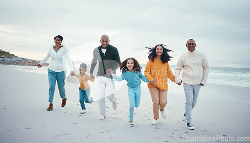 Image of Grandparents, parents and children running on beach enjoy holiday, travel vacation and weekend together. Relax, smile and happy family portrait holding hands for bonding, quality time and fun by sea