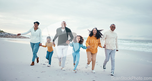 Image of Running, smile and portrait of family on beach enjoy holiday, travel vacation and weekend together. Love, happy and grandparents, mom and dad with kids holding hands for bond, quality time and fun
