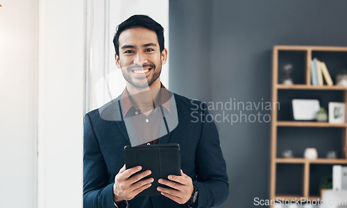 Image of Portrait, tablet and smile of business man in office with pride for career or job. Technology, ceo and Asian, professional or happy, confident and proud entrepreneur from Singapore with touchscreen.