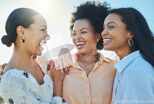 Image of Friends, happy and women hug outdoor in nature, travel and adventure with lens flare, day out in the sun for summer holiday. Happiness, care and together with love and bonding on vacation in Brazil.