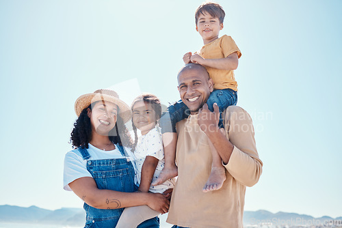 Image of Family piggyback, portrait and smile at beach on vacation, having fun and bonding with mockup. Holiday, relax and care of happy father, mother and kids or children by seashore enjoying time outdoors.