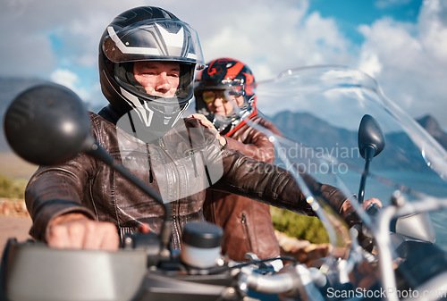 Image of Travel, motorbike and senior couple on vacation, retirement and quality time outdoor. Love, mature man and old woman on motorcycle, road trip and summer holiday for break, bonding and loving together