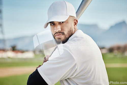 Image of Baseball batter, portrait or face of man in a game competition, training match on stadium pitch. Softball exercise, fitness workout or serious player playing on field in summer with focused mindset