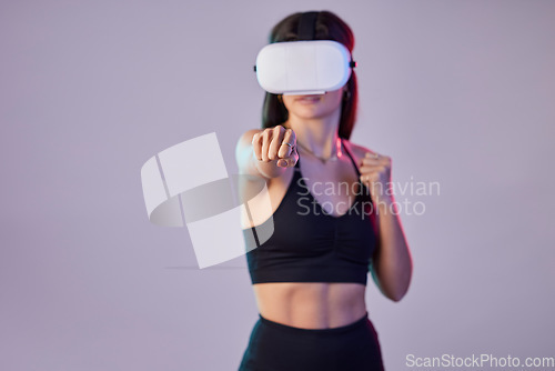 Image of Fitness, vr or girl boxer in metaverse on studio background digital gaming on cyber sports with mock up. Woman, fist or virtual reality user fighting or gamer boxing in futuristic 3d ai experience