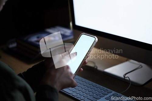 Image of Blank computer, phone screen and woman hands typing on technology for coding. Mobile connection, 404 glitch and programming on it software in the dark with a female coder employee at a office desk