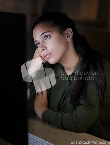 Image of Tired, computer and bored woman working at night in office, unhappy and frustrated with internet glitch on dark background. Startup, burnout and female at work late for deadline, 404 or boring task