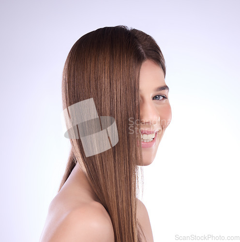 Image of Beauty, face portrait and hair care of woman in studio isolated on a background. Cosmetics, makeup skincare and happy female model with salon treatment for healthy growth, balayage and hairstyle.