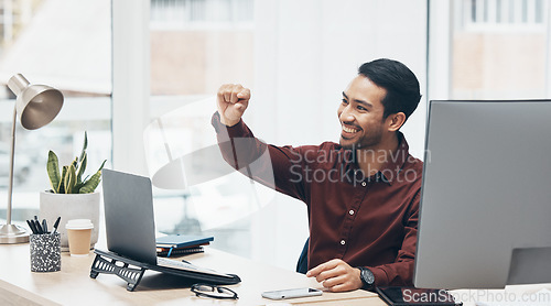 Image of Sign and small gesture by happy businessman on a laptop, cheerful and excited in an office. Hands, emoji and little symbol by asian leader with idea for startup, mission or problem solving