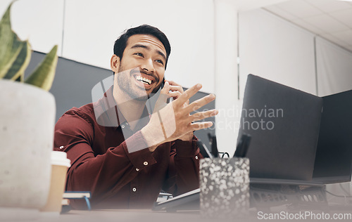 Image of Phone call communication, laugh and business man listening to funny joke from digital contact. Comedy humor, e commerce and forex account manager or talking broker networking on bitcoin trading chat