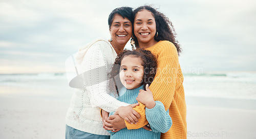 Image of Portrait of grandmother, mom and girl on beach enjoying holiday, travel vacation and weekend together. Happy family, ocean and grandma smile with mother and child for bonding, quality time and love