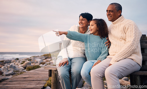 Image of Love, beach and child on vacation with her grandparents sightseeing, bonding and having fun together. Travel, happy and elderly couple in retirement on a seaside holiday with a girl kid in Mexico.