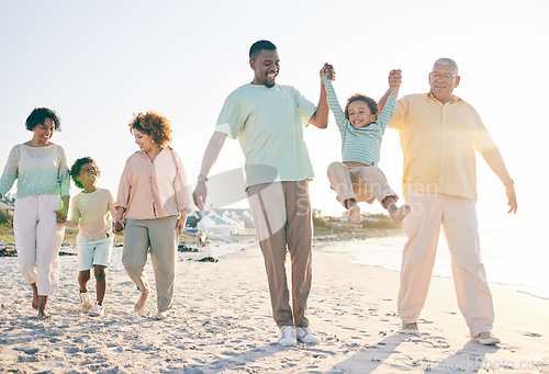 Image of Family, grandparents and kids at beach, holding hands and jump with swing, happiness or bonding on holiday. Parents, children and senior people for love, vacation or summer sunshine in morning by sea