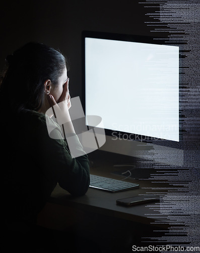 Image of Night coding overlay, blank computer screen and woman feeling stress from cybersecurity problem. Futuristic graphic, 404 glitch and cyber issue on it software in the dark with a employee with anxiety