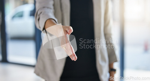 Image of B2b, woman hand and thank you handshake of a corporate worker in a office. Business deal, partnership and we are hiring gesture with a female hr manager ready for onboarding welcome with trust