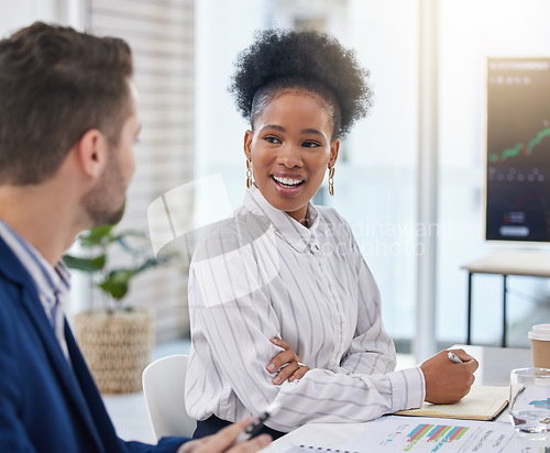 Image of Business conversation, black woman and stock market analyst with communication about investing. Working, teamwork and collaboration of a investment manager talking about finance office strategy