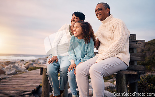 Image of Happy, beach and girl on holiday with her grandparents sightseeing, bonding and having fun together. Travel, love and elderly couple in retirement on a seaside vacation with a girl child in Mexico.