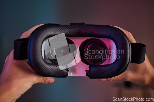 Image of Virtual reality glasses in hands, metaverse and future technology, video gaming and UX with woman and cyber space. Innovation, digital world and VR headset with AR, software and female gamer