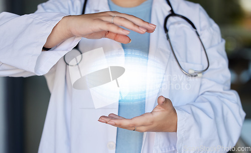 Image of Futuristic healthcare, hologram and hands of doctor with AI, 3d abstract and digital overlay for medical research. Hospital, insurance and woman health worker online for telehealth, data and wellness