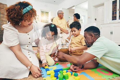 Image of Family, parents and children on floor with toys for playing, creative activity and bonding at home. Education, happy and kids enjoy building blocks, games and relax with mom, dad and grandparents