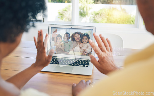 Image of Couple, video call and laptop screen for grandchildren with wave, hello and parents in morning for communication. Happy family, grandparents or computer on social media webinar, chat or smile in home